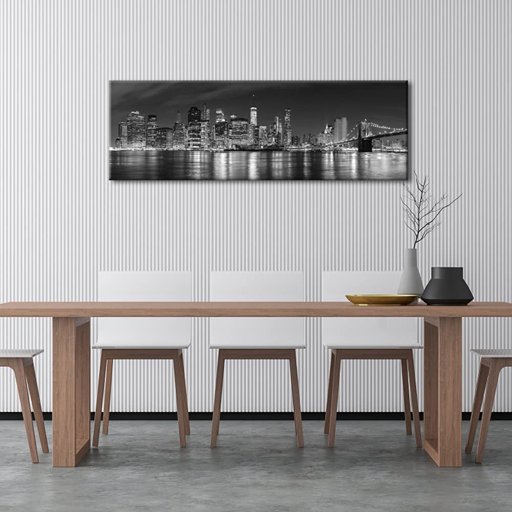 Wieco Art New York Manhattan Night View In Black And White Giclee Canvas Prints Modern Stretched And Framed Art Work Cityscape P